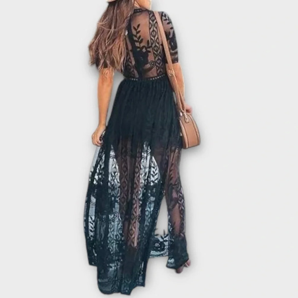 Eleter Women's Deep V-Neck Lace Romper Short Sleeve Long Dress Black Size M - Picture 2 of 11